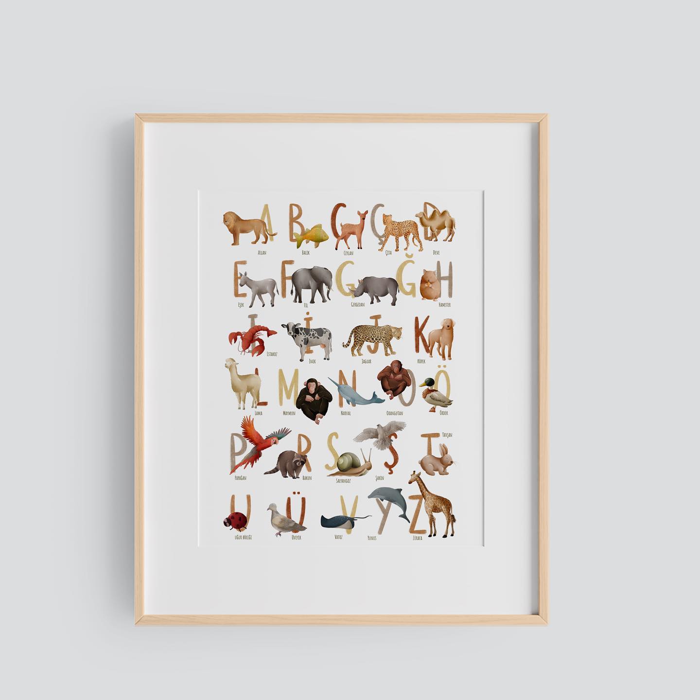 Alphabet Poster mit illustrierten Tiermotiven für das Kinderzimmer A3